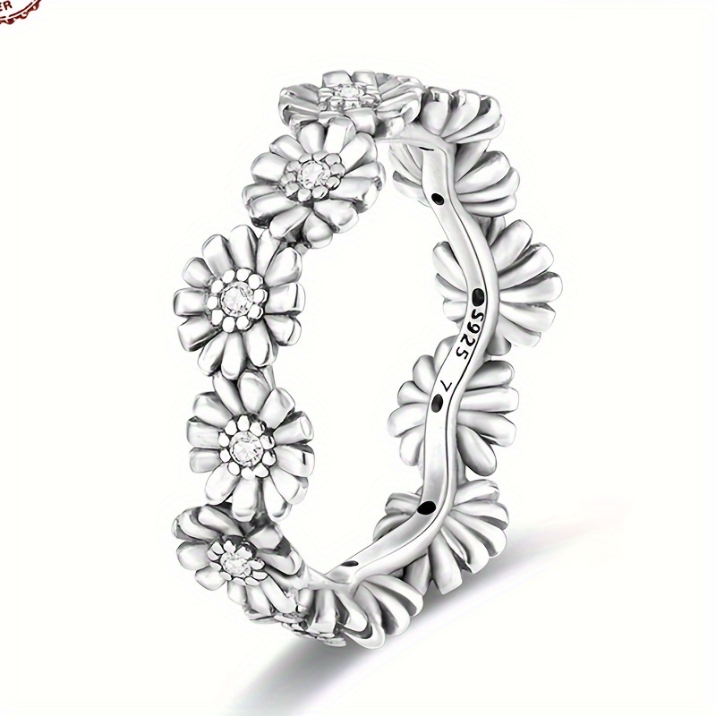 

925 Sterling Silver Rings For Women, Size 6-8 Bling Shiny Daisy Wreath Flower Cute Promise Ring For Men Mother Wife Couple Lovers Girl Teen Single Toe Thumb Wedding Engagement Jewerly Gifts