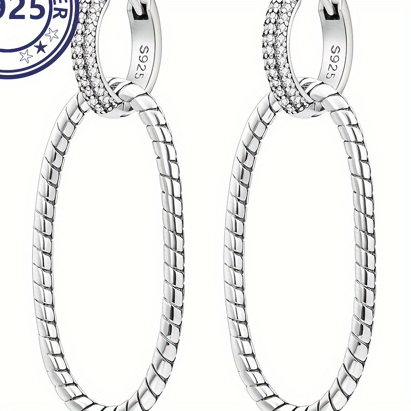 

4.29g/0.1oz S925 Sterling Silver Oval Shape Hoop Earrings, Double Ring Inlaid Snake Bone Pattern Hoop Earrings Elegant Minimalist Ear Jewelry For Women Gift