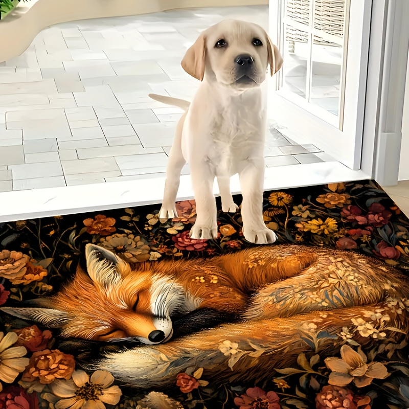 

1pc Autumn Fox Floral Print Soft Bath Mat Rug, Non-slip Machine Washable Bathroom Carpet, Fall Home Decor Polyester Knit Fabric Entryway Doormat For Living Room, Bedroom, Laundry Room