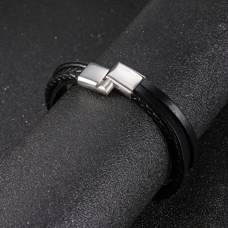 Four Multilayer Strap Black Leather Bracelet with Stainless Steel