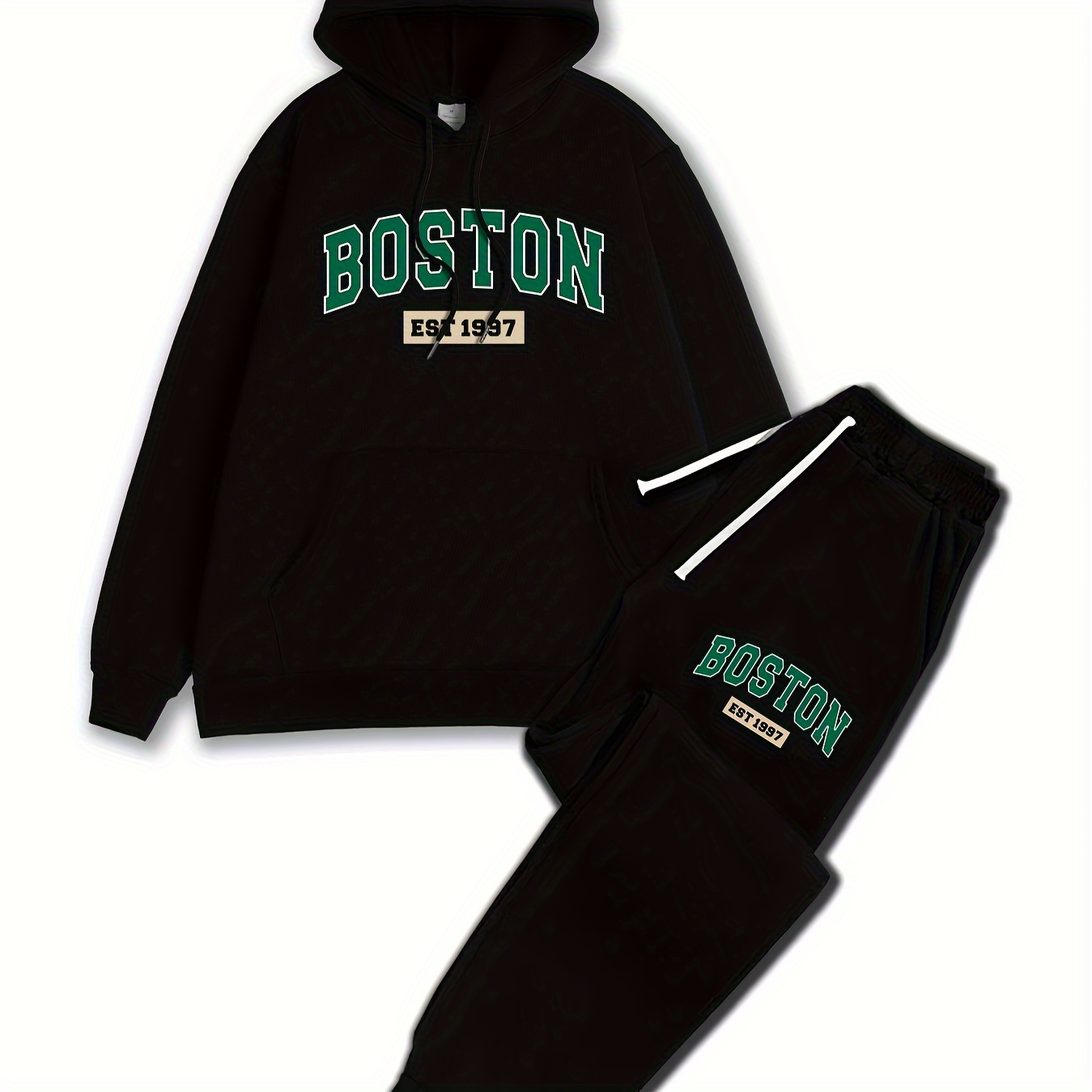 

Boston Letters And 1997 Year Print 2pcs Men's Chic Hoodie & Drawstring Sweatpants Set, Comfortable Versatile Street Fashion For Everyday Wear, Men's Best Fall And Winter Choice, As Gifts