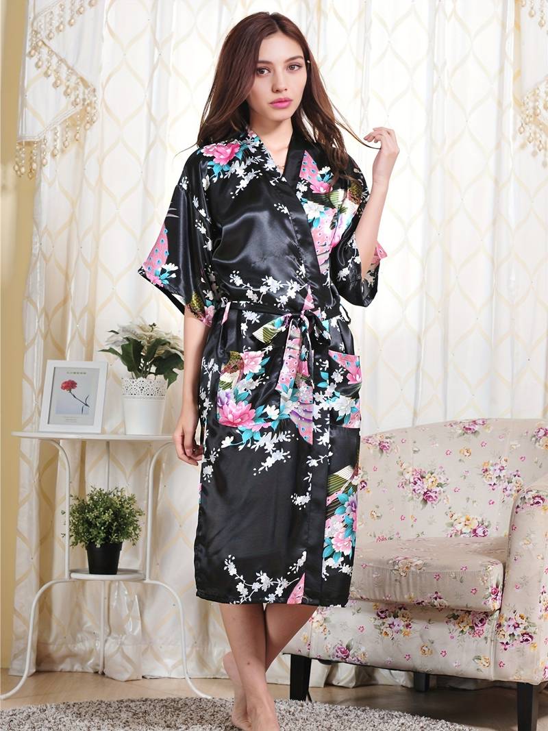 Robe De Chambre Kimono Femme Et Fille - Imprimé Floral - Manches 3/4 - Tissu Polyester Doux