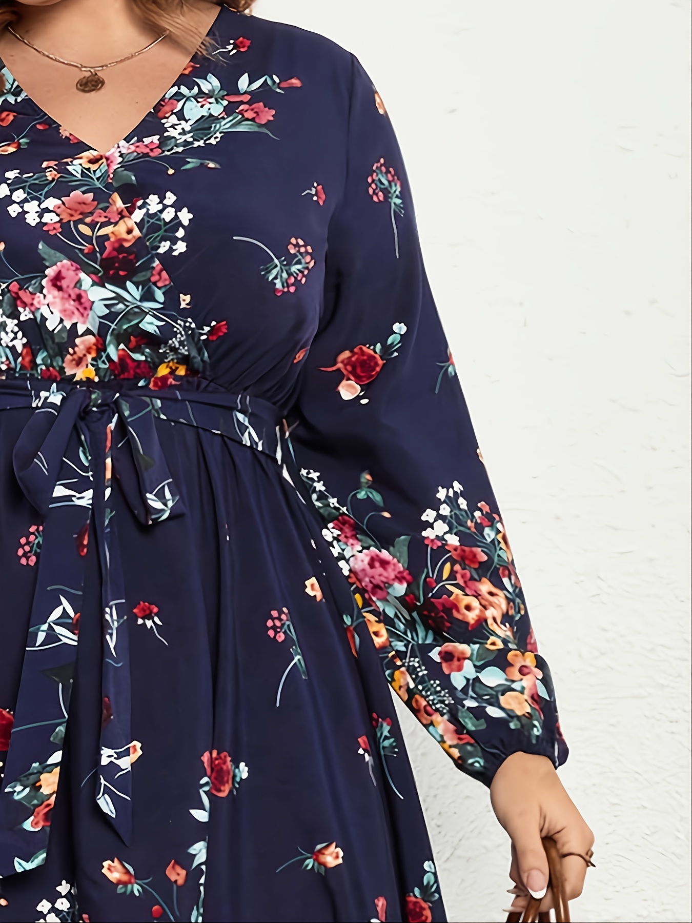 Plus Size Elegant Summer Floral Print Style Belted Front V-Neck