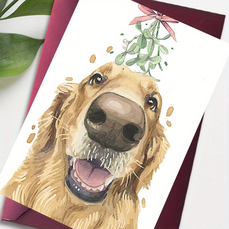 

1pc Golden Retriever Christmas Greeting Card With Hanging Mistletoe - Holiday Card For Family And Friends