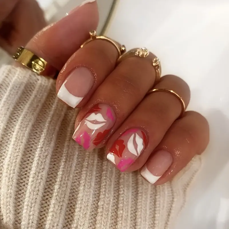 Valentine's Day Press on nails Medium Length Fake Nails Acrylic French |  BeautyBigBang