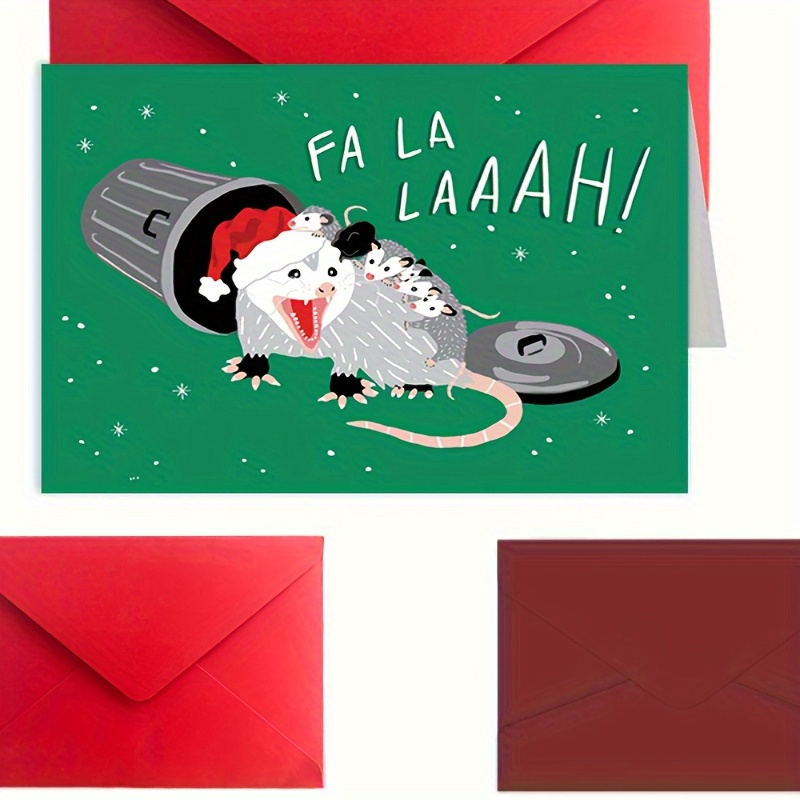 

Opossums Christmas Card - Family & Friends, Unique Holiday Greeting With Santa-hatted Lead Singer On A Trash Can