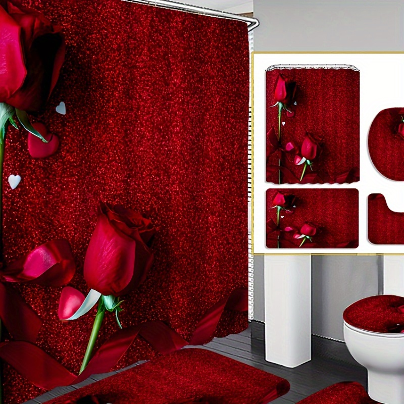 

4pcs 2 Red Roses Curtain Shower Curtain Decoration, Beautiful Housewarming Gift Decoration, Waterproof Shower Curtain And Toilet Floor Mat Three-piece Set Comes With 12 Shower Curtain Hooks