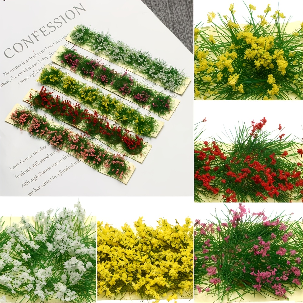 Warmtree 10 Pcs DIY Miniature Colorful Flower Strips Self Adhesive Flower  Cluster Static Grass Tufts for Train Landscape Railroad Scenery Sand