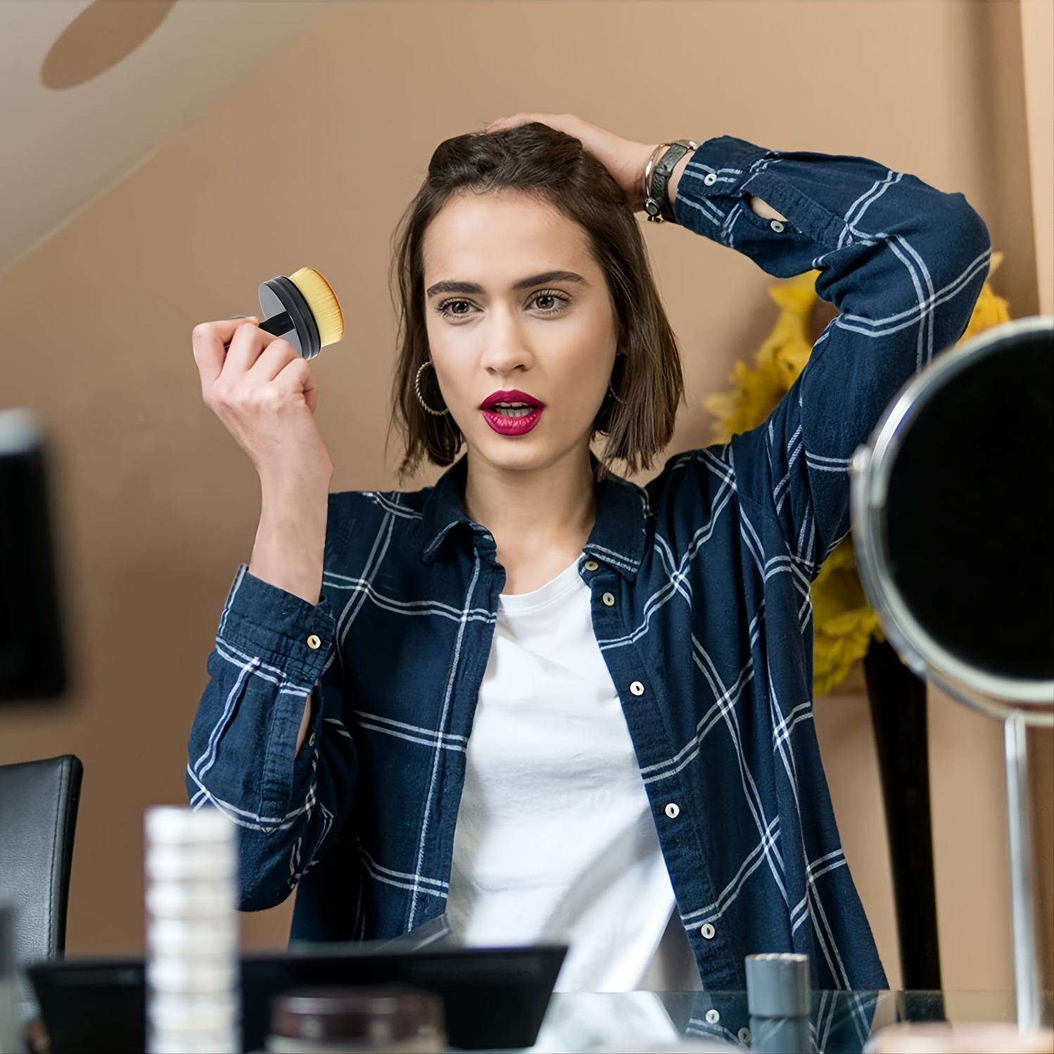 Pinceau Fond de Teint Professionnel Kabuki pour Maquillage du Visage -  Parfait Pour le Mélange Liquide, Crème