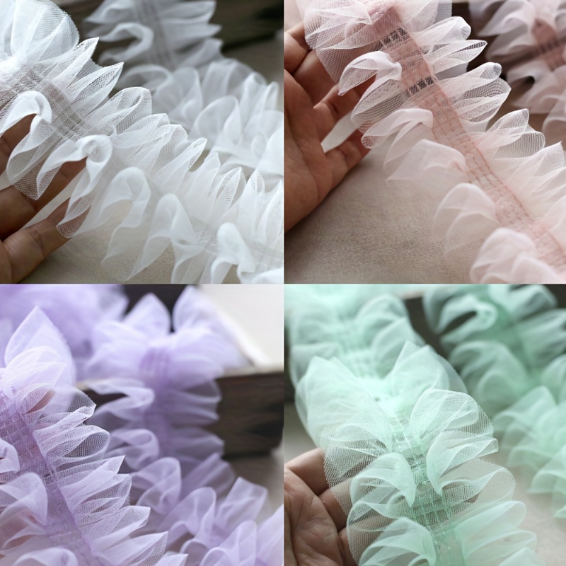 

8cm Wide Pleated Tulle Lace Trim, Fuller Mesh Ruffle Lace Ribbon For , Hats, Shoes Decorations - White, Black, Pink, Purple