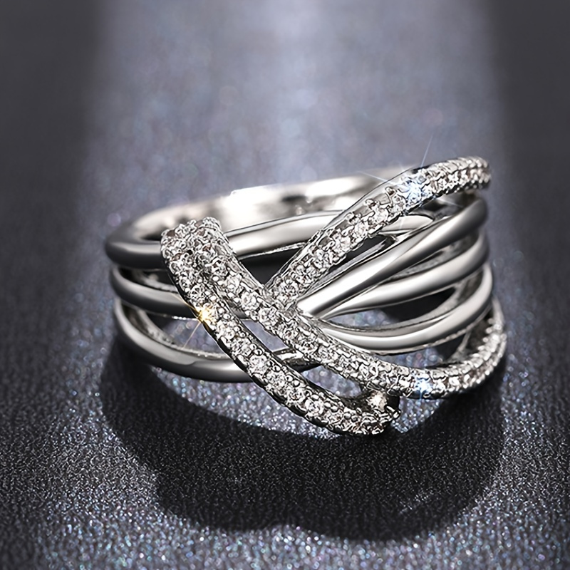 

925 Silver Plated Fashion Irregular Winding Ring With Shiny Zirconia Hypoallergenic, Simple And High-end Style, High Quality Gift