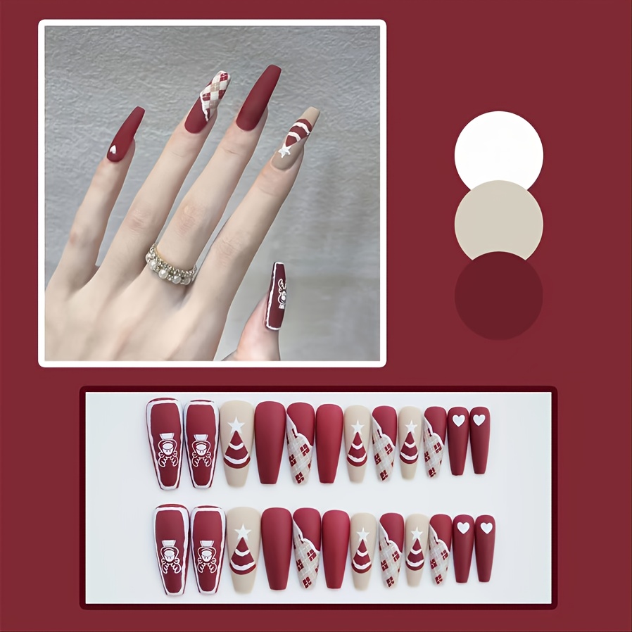 Striped Love Bell Christmas Fake Nails With Shiny Decals, Acrylic