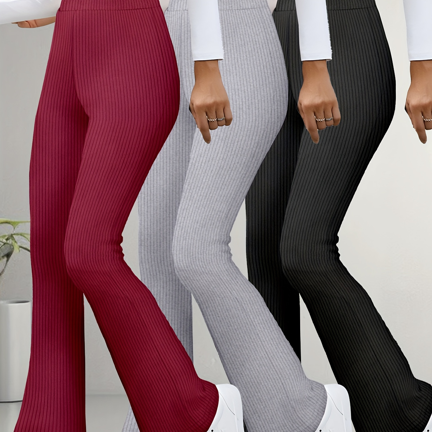 

Women's 3pcs High-waist Slimming Flare Leggings - Stretchy Ribbed Knit, Solid Color, Casual & Elegant, Machine Washable - All