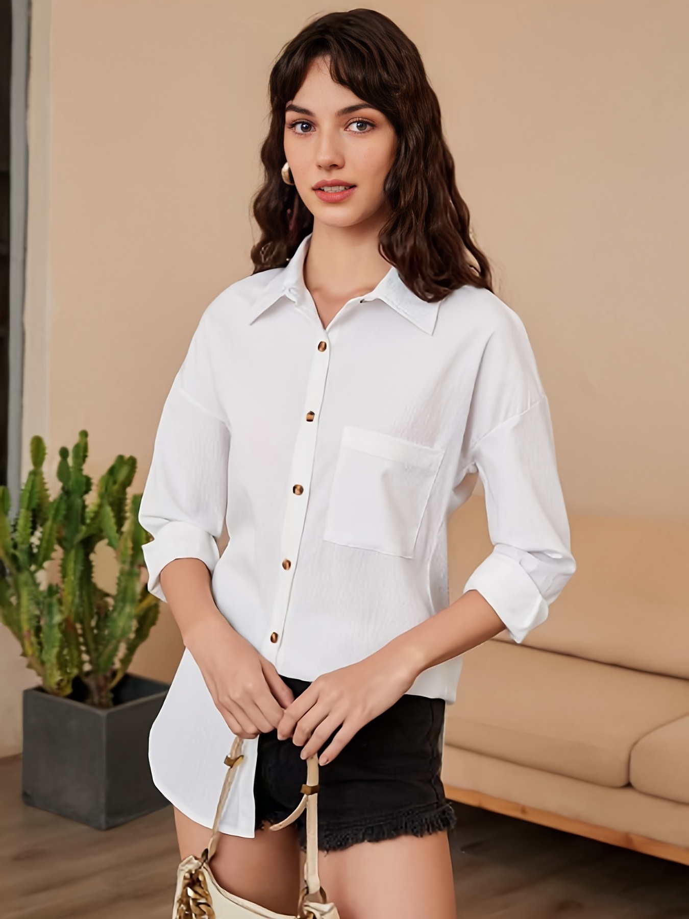 White Button down Shirt Women Shoulder Ladies Women Casual No