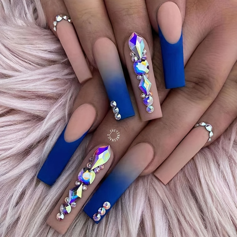 Colorful Rhinestone French Tip Press On Nails With Blue - Temu