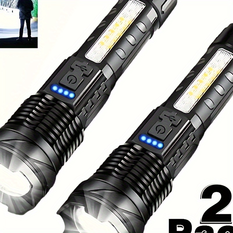 

2-pack Handheld Led Flashlights, Usb Rechargeable Abs Work Lights With Cob Side Lamp, Xp50 High , 7 , 150-350 , Emergency Lighting For Outdoors, Hiking, Camping, Up To 200m Range