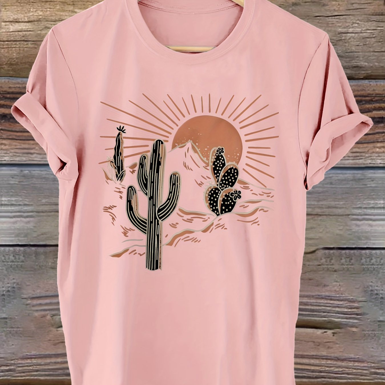 

Cactus Print T-shirt, Short Sleeve Crew Neck Casual Top For Summer & Spring, Women's Clothing