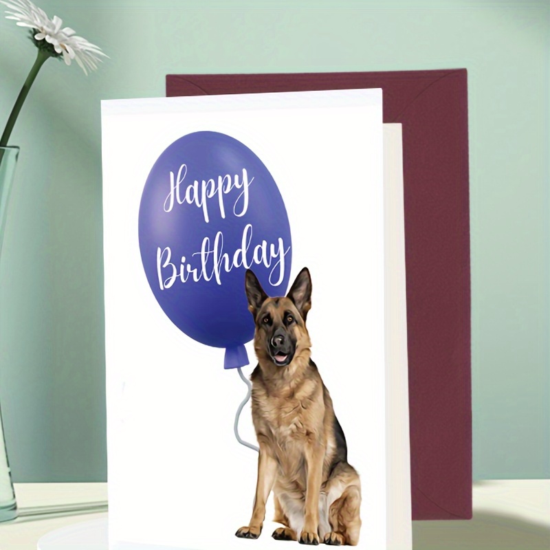 

1pc Birthday Card. In The Picture, A German Shepherd Is Sitting With A Blue Balloon Next To It That Reads "happy Birthday". Suitable For Giving To Family And Friends