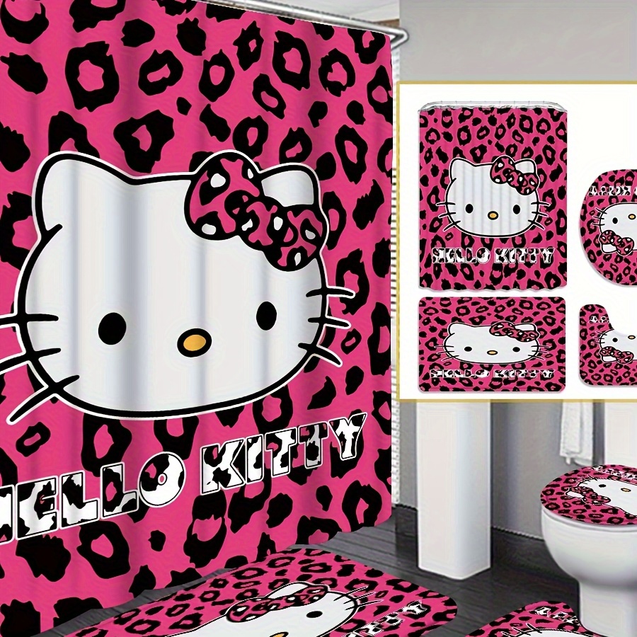 

Sanrio 4pcs Hello Kitty Shower Set, Beautiful Housewarming Gift, Modern Home Decoration, Waterproof Shower And Toilet Floor Mat 3 Piece Set With 12 Shower Hooks