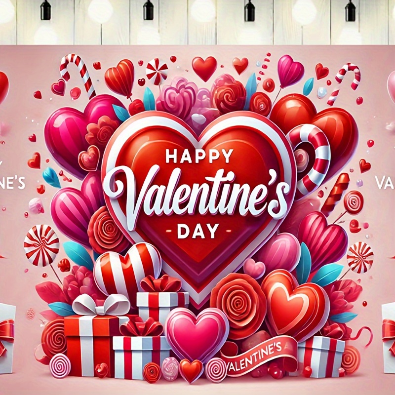 

1pc Valentine's Day Polyester Hanging Banner, 7x5 Ft, Romantic Heart & Gifts Design, No Electricity Needed, Wall Decor For Home & Party