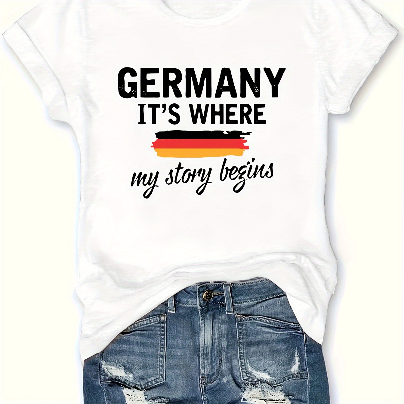 

Women's Casual Short Sleeve T-shirt With "germany Where Begins" Letter Print, Crew Neck, Knit Fabric, Slight Stretch, Polyester 96%, Elastane 4%, Regular