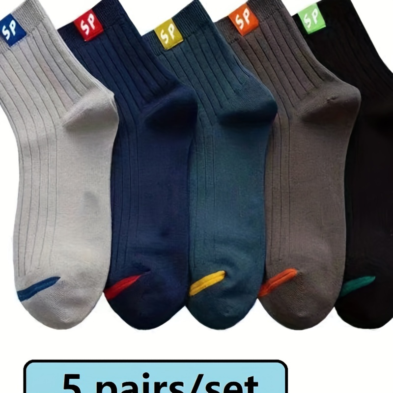 

5 Pairs Men's Casual Crew Socks, Breathable Sweat-absorbent, Geometric Pattern, Knit Fabric, Polyester 80% Spandex 20%, Sweat-resistant