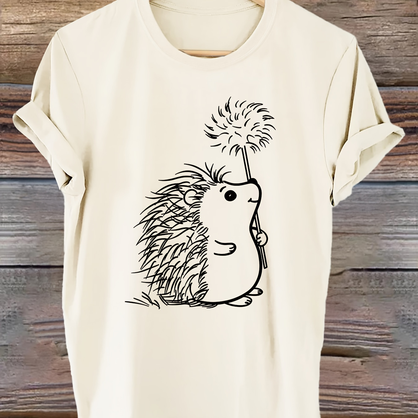 

Hedgehog Print T-shirt, Short Sleeve Crew Neck Casual Top For Summer & Spring, Women's Clothing
