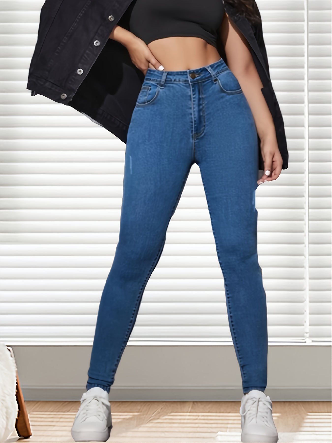 High Curvy Plain Design Legs Dark Blue Skinny Jeans - Temu