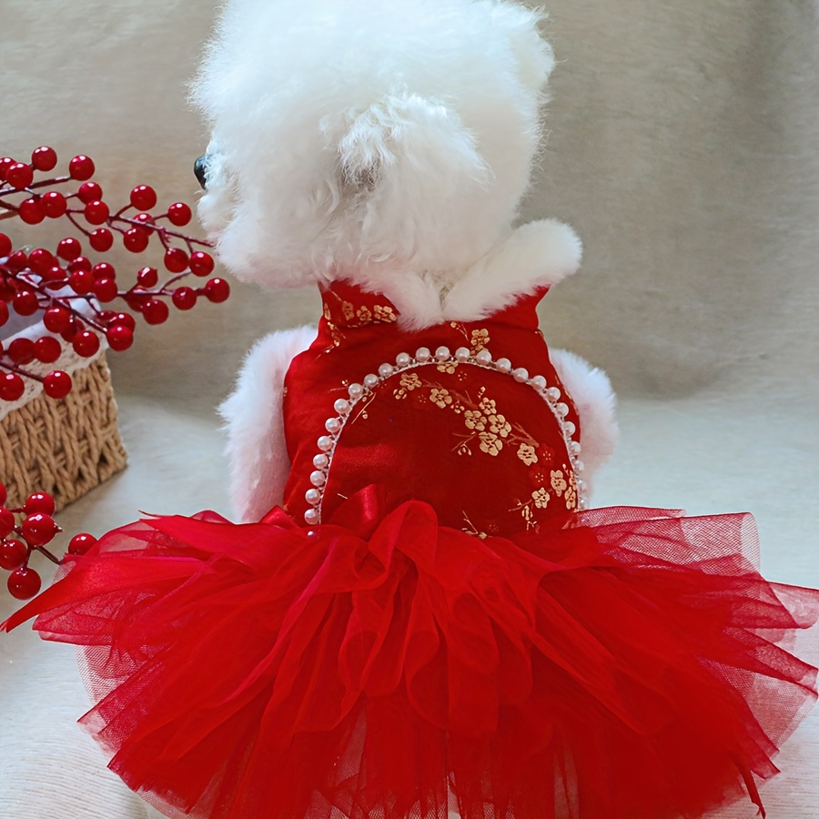 

1pc Red Chinese Style Dog Dress With Tulle Skirt - Warm Fleece-lined Knitted Princess Costume For Small Breeds With Press-on Closure