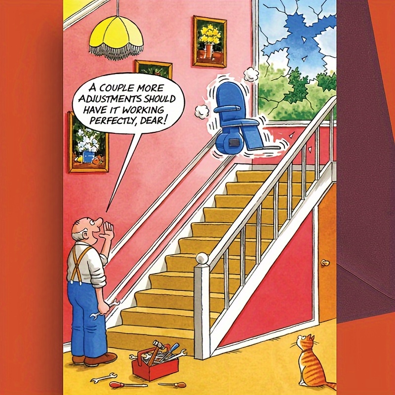 

5pcs Greeting Card Depicts A Man Adjusting A Blue Chair That Sways At The Top Of The Stairs And Is Suitable For Giving To Family And Friends Eid Al-adha Mubarak