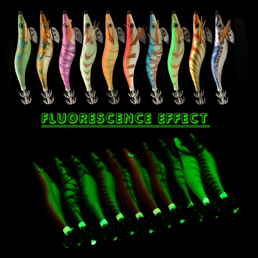 10pcs 3D Printing Hooks: Luminous Squid Jig Fishing Wood Shrimp Lures with  Cuttlefish Jigs Lures & Bag