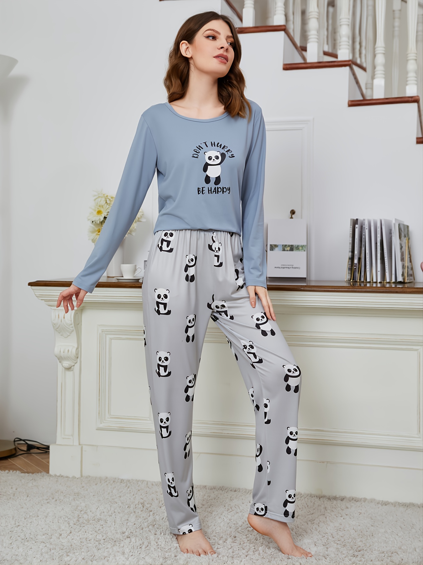 Soft Simple Cartoon Pajama Set Long Sleeve Tops Pants - Temu