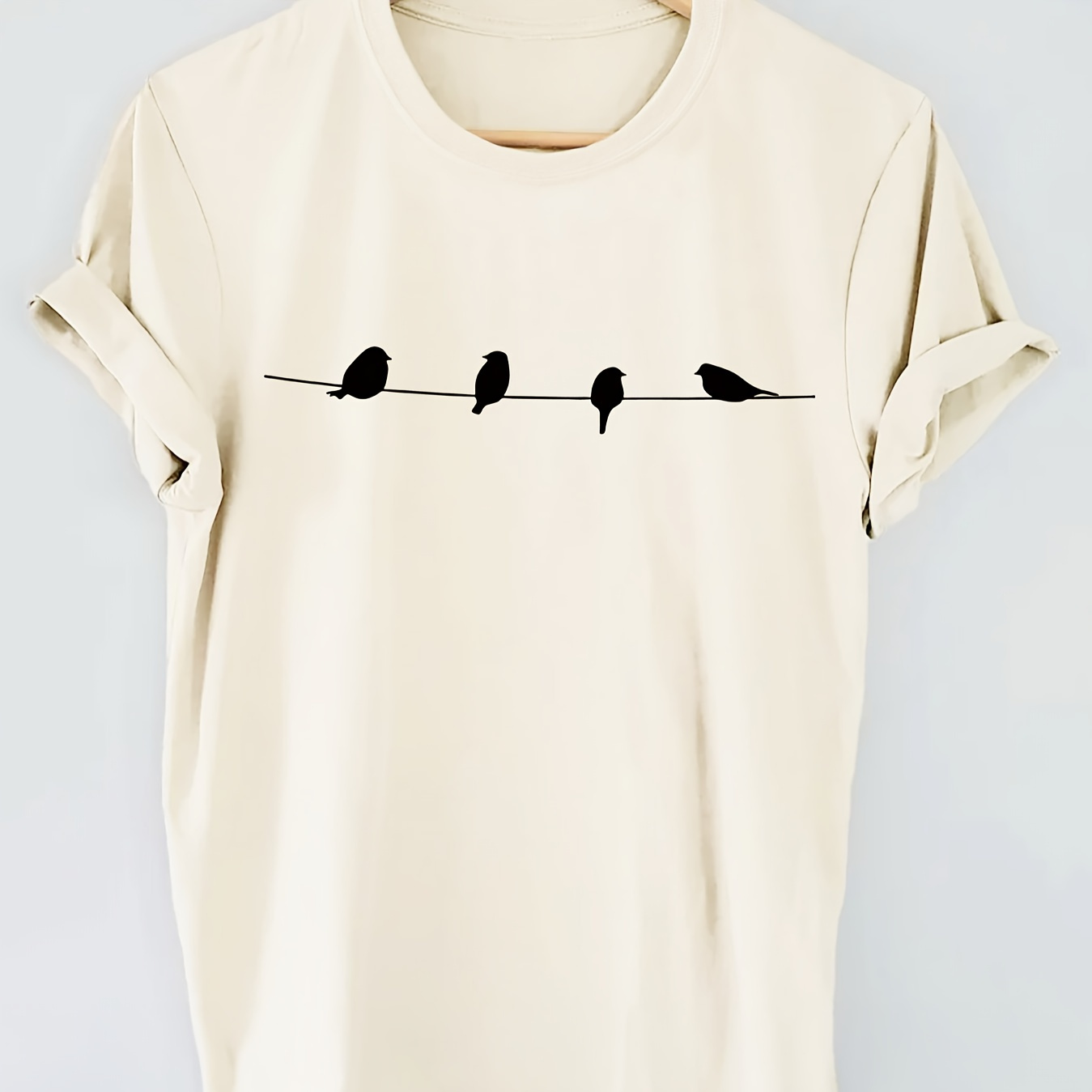 

Bird print T-shirt, Short Sleeve Crew Neck Casual Top For Summer & Spring, Women's Clothing