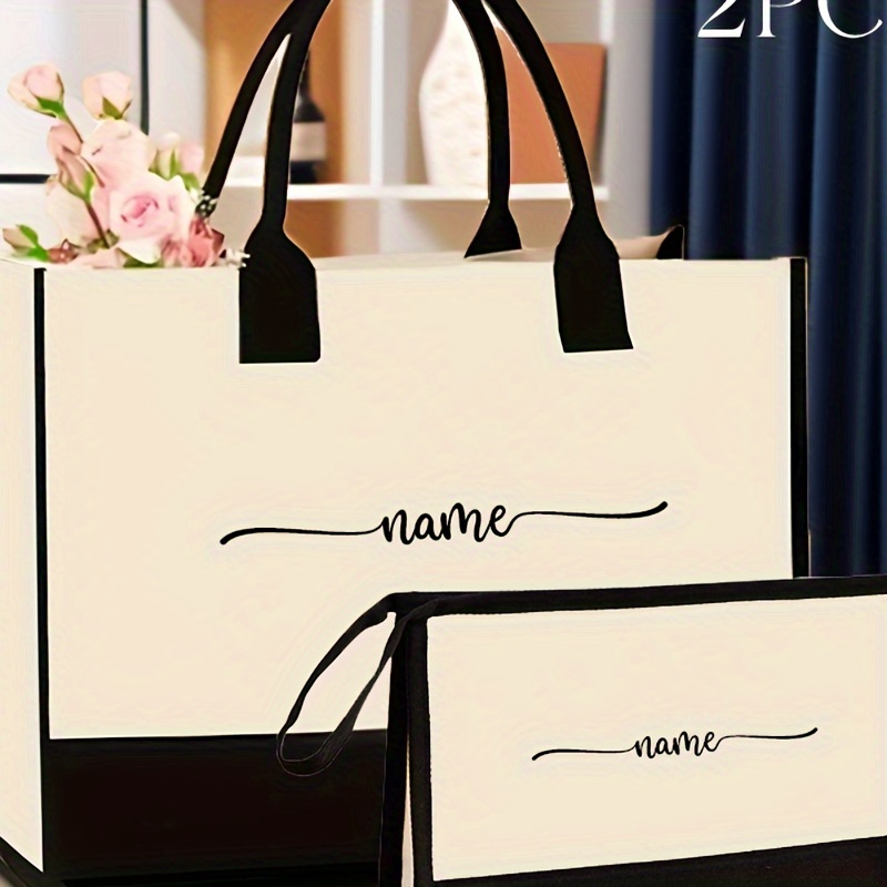 

Customizable 2pcs Canvas Tote Set - Large Capacity, Personalized Name Handbag & Matching Clutch - Travel, Shopping & Gifts