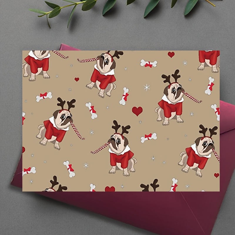 

Christmas Cards: 10 Pcs - Pugs In Santa Outfits With Deer Horns And Candy Canes - Gifting To