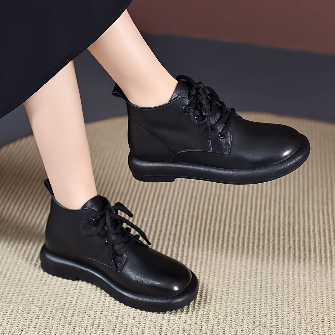 Women's Flat Ankle Boots, Solid Color Round Toe Faux Leather Shoes, Casual  Soft Sole Shoes - Temu