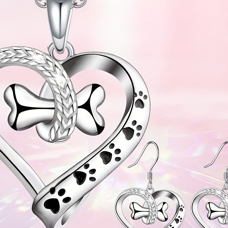 

Fashion Alloy 3-piece Jewelry Set - Dog Bone & Heart Themed Pendant Necklace And Earrings For Women Over 15 Years - Unplated Metal Accessory Set With No Stones