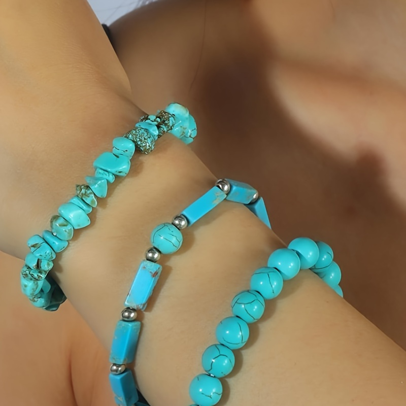 

3pcs Turquoise Bracelet Set For Women And Men, Bohemian & Minimalist Style, Genuine Natural Stone Beaded Stretch Bracelets, Boho Jewelry, Crystal Summer Beach Accessories, Gift For Wife Girlfriend