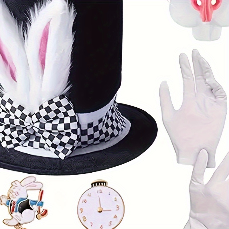 

5pcs Costume Set For Adults - Ear , Rabbit Topper With Bow Tie, Gloves, Glasses, Clock Necklace - Cute Party Accessories