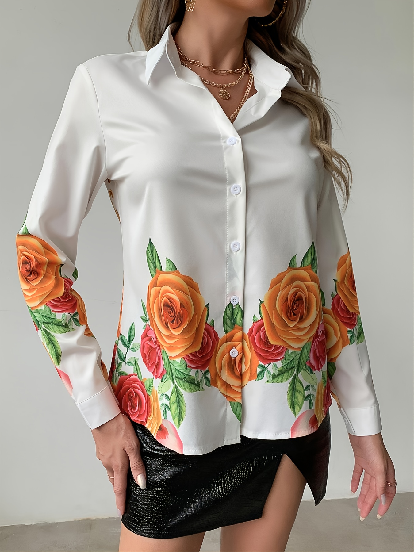 Women's Floral Button Down Shirt, Flower Print Long Sleeved Button