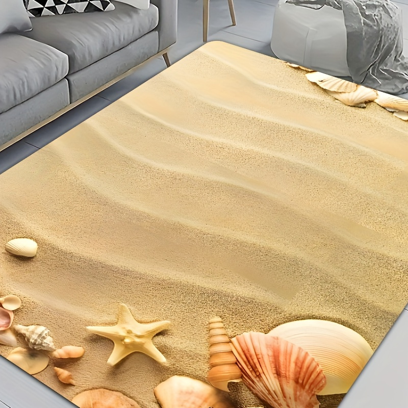 

1pc Beach Starfish Seashell Print Soft Thickened Bath Mat, Non-slip Rug, Door Mat For Bathroom, Living Room, Bedroom, Laundry Room, Machine Washable, Home Decor Flannel Sponge Rug