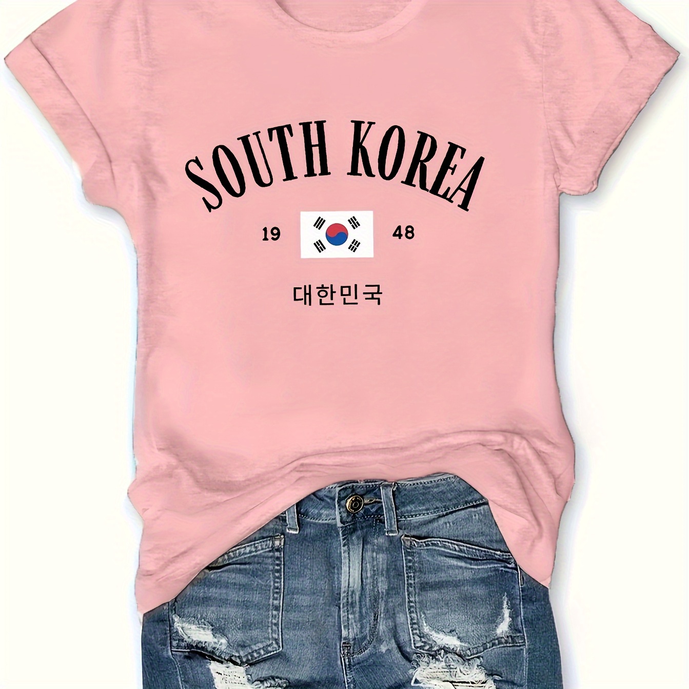 

South Korea T-shirt For Women, Polyester Crew Neck Tee, Short Sleeve Regular Top With Stretch, Alphabet