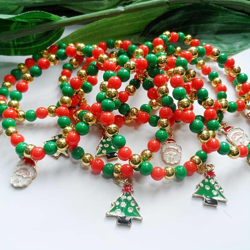 Christmas Tree Snowman Santa Claus Pendant Beaded Bracelet with Green Red Beads Adjustable Xmas Gift Hand String,Temu