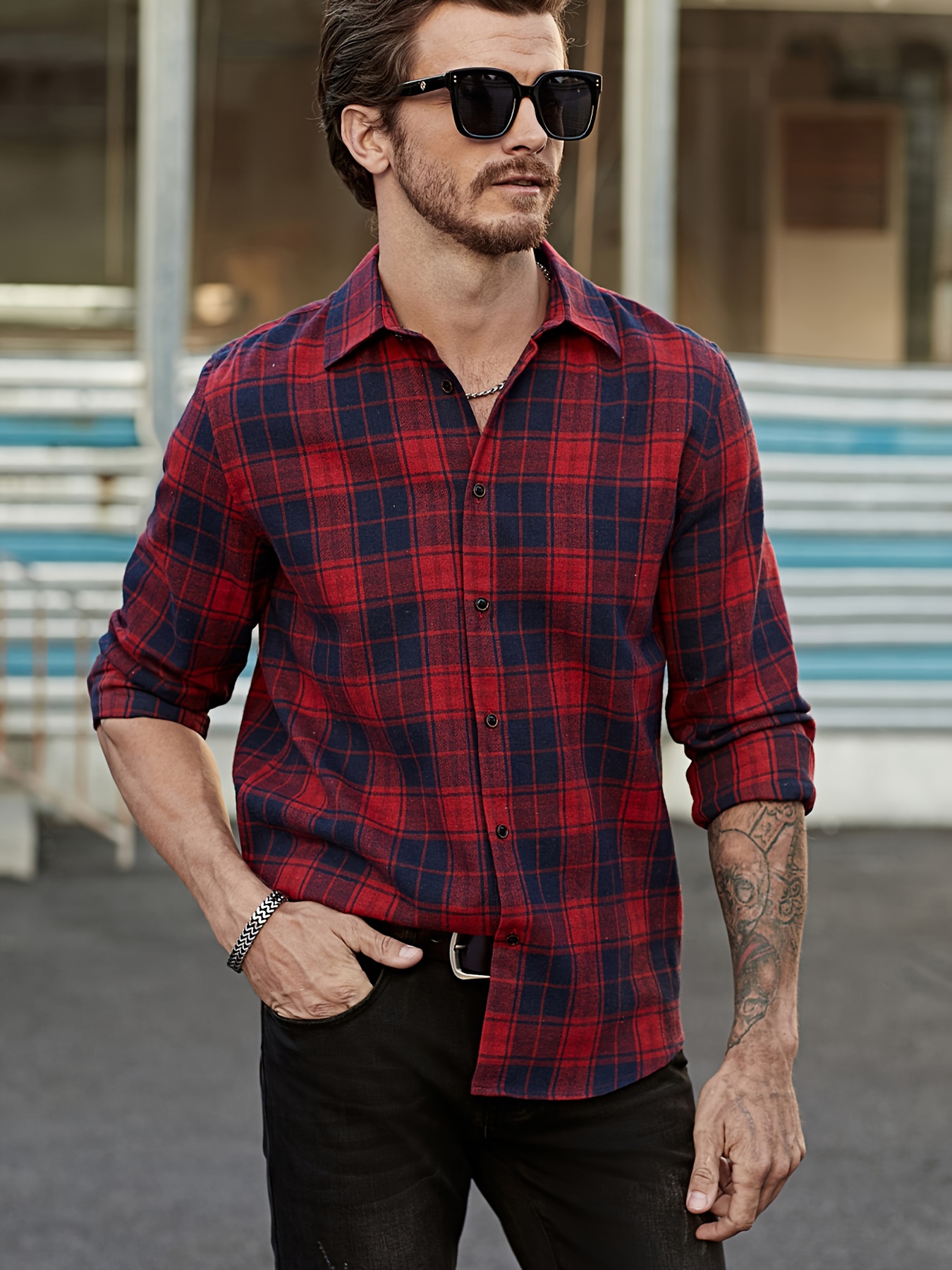 Men's Casual Long Sleeve Plaid Lapel Shirt - Temu Canada
