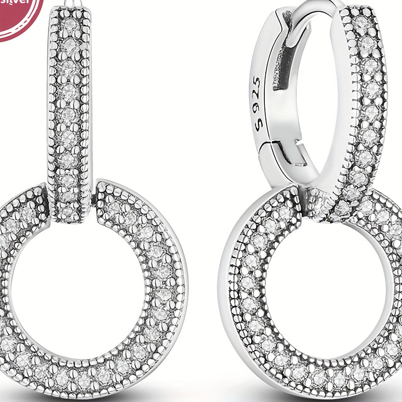 

925 Sterling Silver Silvery Sparkling Double Ring Ear Earrings Charms For Women Fashion Accessories Holiday Gift Fine Jewelry 1 Pair Of Earrings