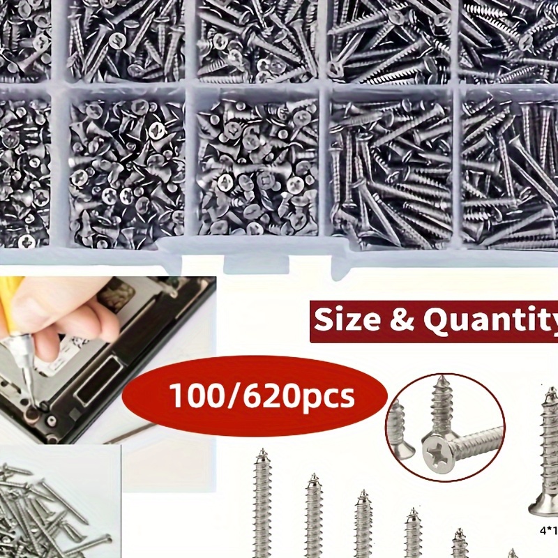 

100/620 Pcs Self-tapping Screw Assortment Kit: M2-m4 Sizes, Wood Thread, Nail Screws, Lock Nuts - Metal Construction