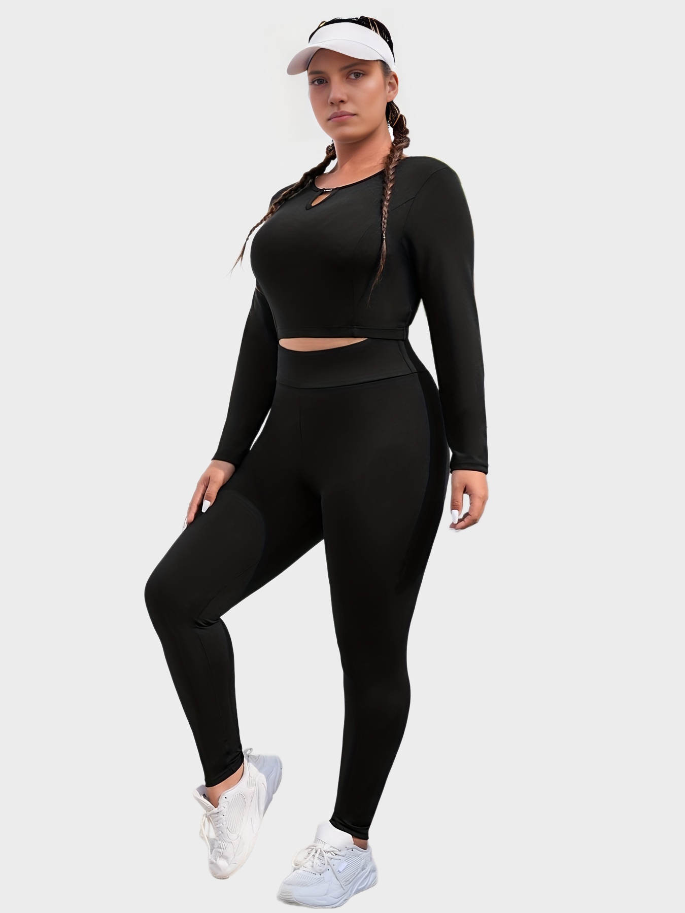 Plus Size Sports Outfits Two Piece Set, Women's Plus Cut Out Solid Long  Sleeve Round Neck High Stretch Top & Leggings Outfits 2 Piece Set