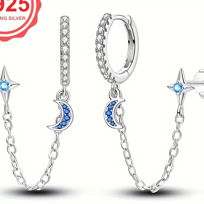 

S925 Sterling Silver Hypoallergenic Star And Moon Double Layer Chain Earrings, 4.2g, Elegant & Sexy, Perfect Gift Jewellery