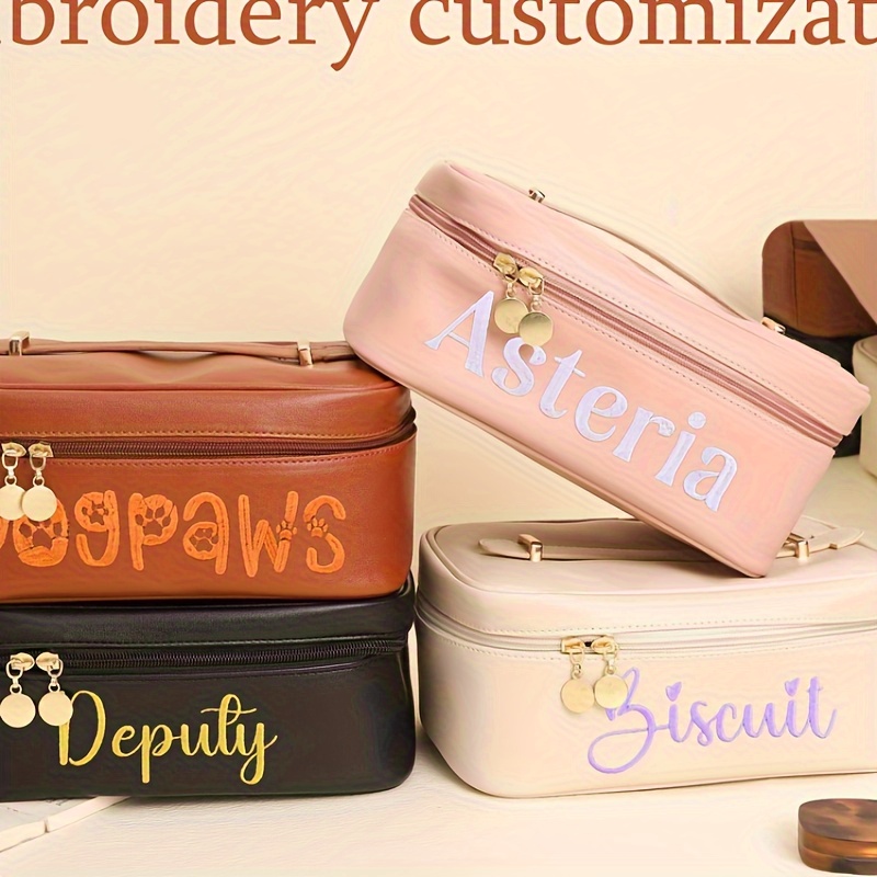 

Customized Embroidered Letter Handheld Toiletry Bag, Retro Large Capacity Makeup Cosmetic Organizer Bag For Travel & Business Trips, Ideal Gifts