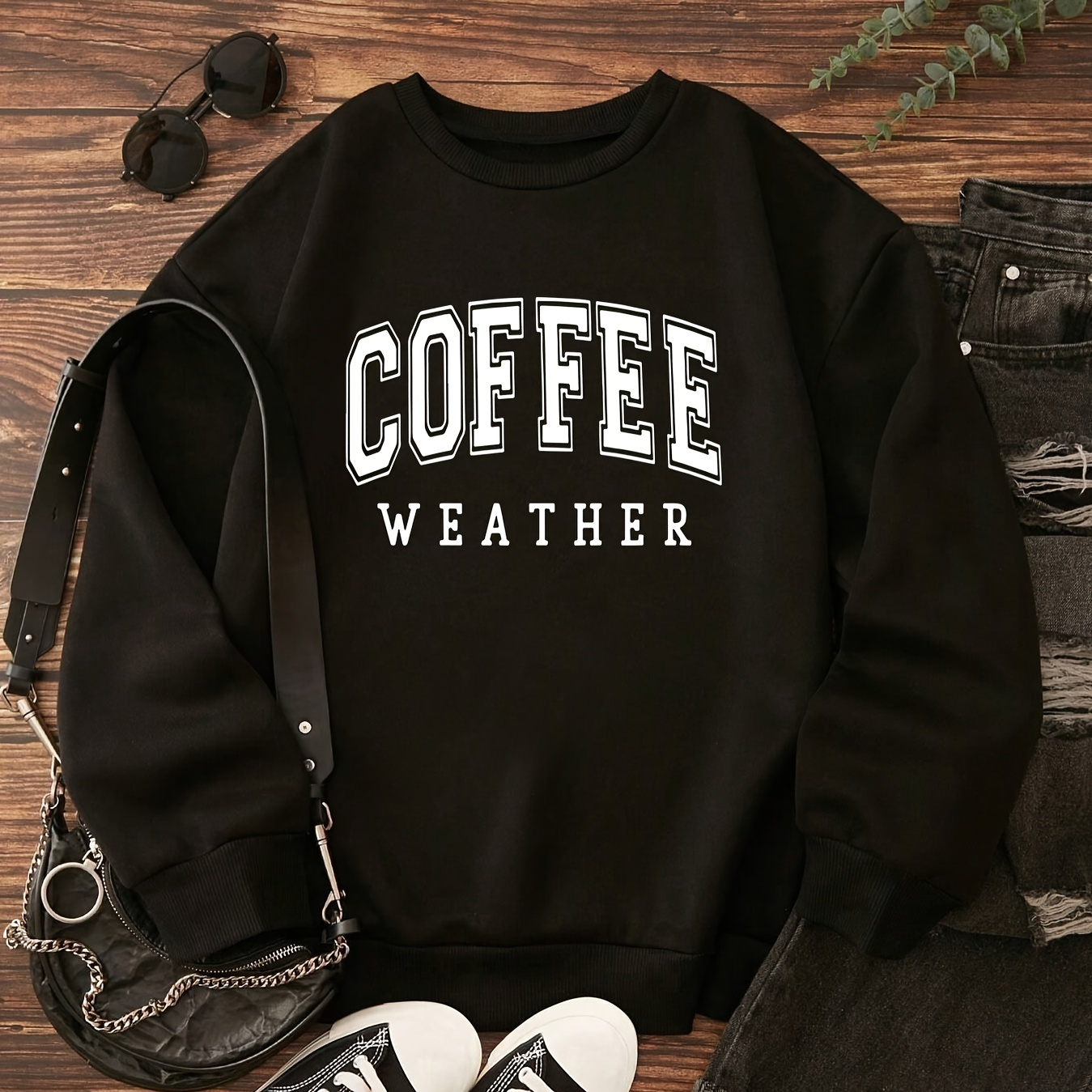 

Coffee Print Crew Neck Sweatshirt, Casual Long Sleeve Sweatshirt For Spring & Fall, Women's Clothing